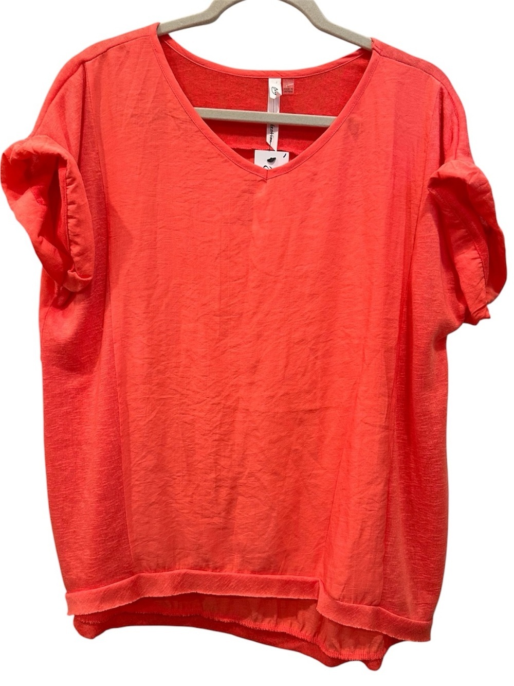 NWT Women’s V-Neck Short Sleeve Blouse Top Coral Roll Sleeve Lightweight Sz L